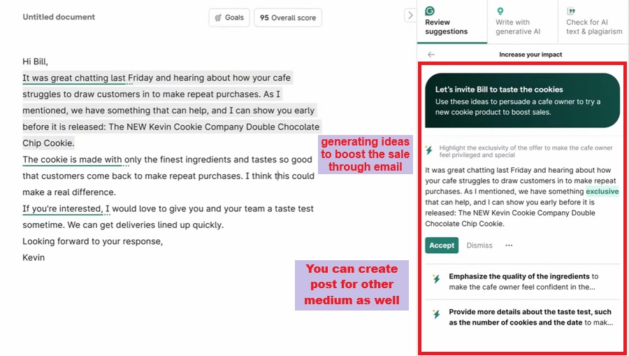 grammarly generating ideas to boost sale through email