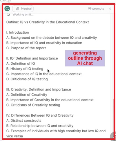 grammarly generating outline through ai chat