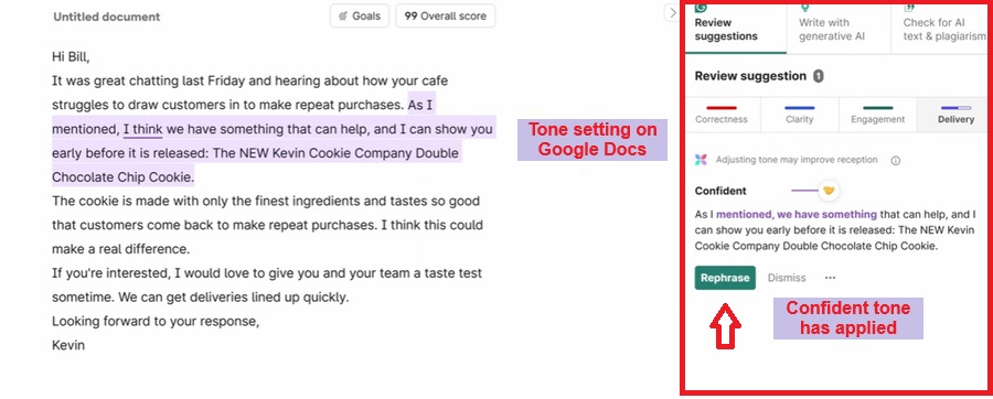 grammarly setting tone for emails and working on google docs