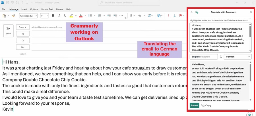 grammarly working on outlook and translating email