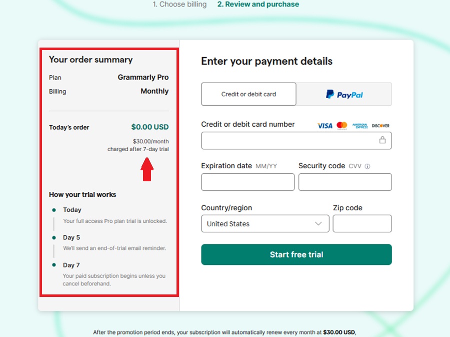 grammarly pro free trial order summary