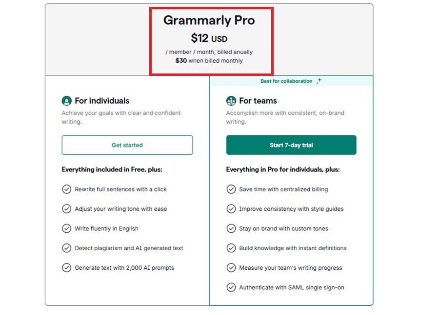 grammarly pricing and plan