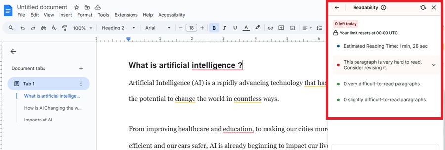 prowritingaid readability report in google docs