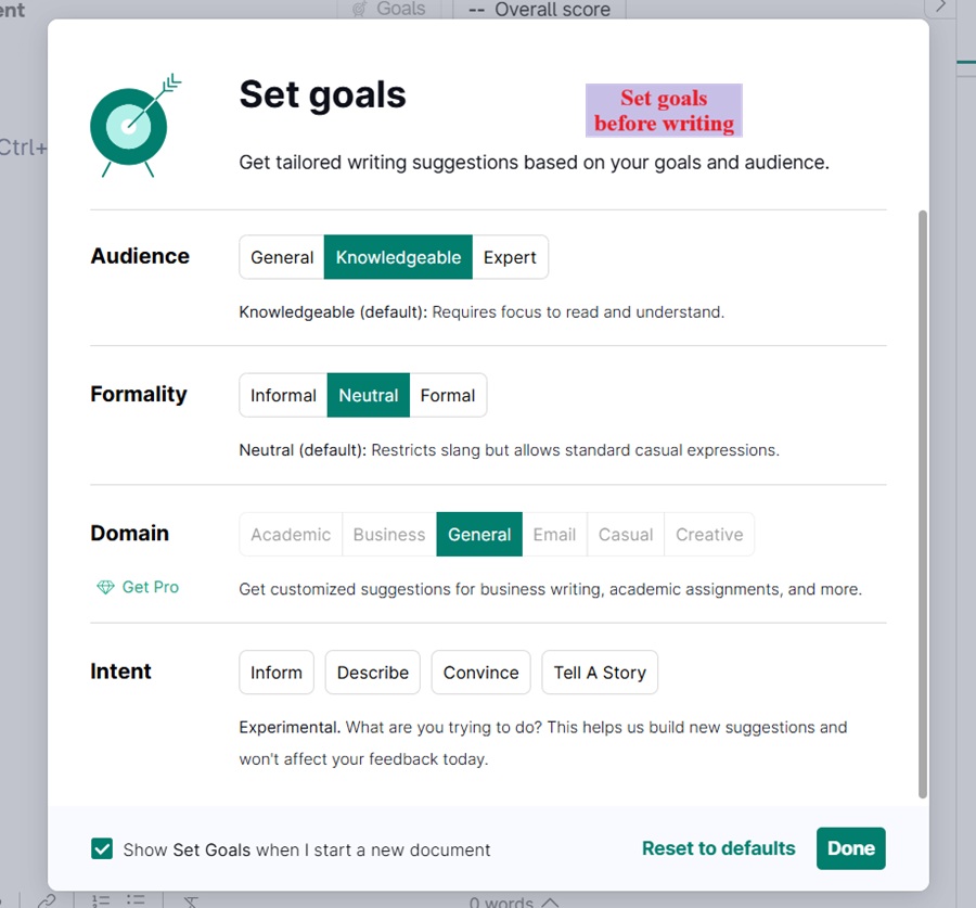 grammarly set goal